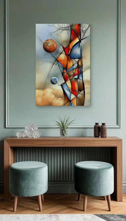 Geometric Abstraction Art acrylic wall art above a wooden console