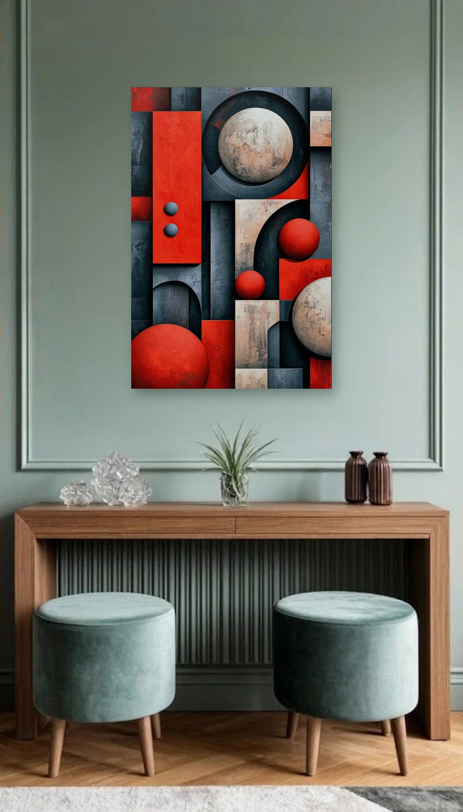 Geometric Abstraction Art acrylic wall art above a wooden console