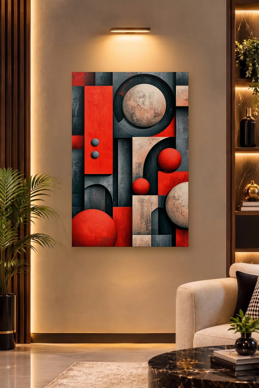 Geometric Abstraction Art acrylic wall art on a warm-lit luxury wall