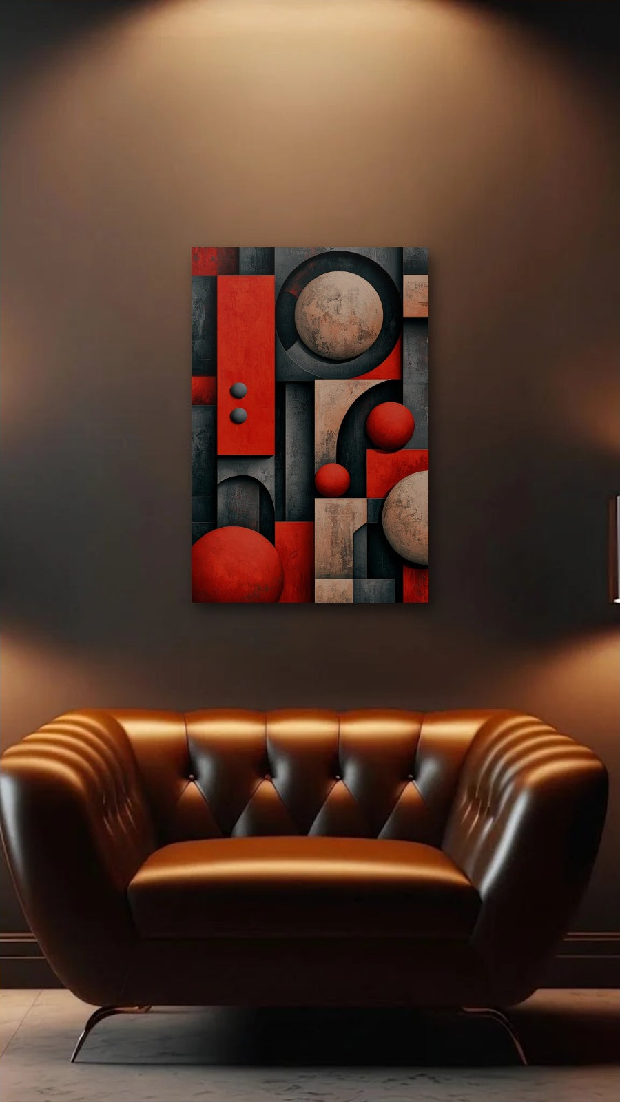 Geometric Abstraction Art acrylic wall art above a leather armchair