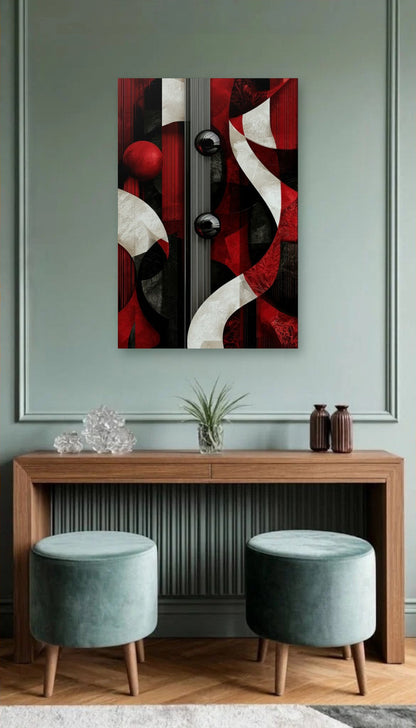 Geometric Abstraction Art acrylic wall art above a wooden console