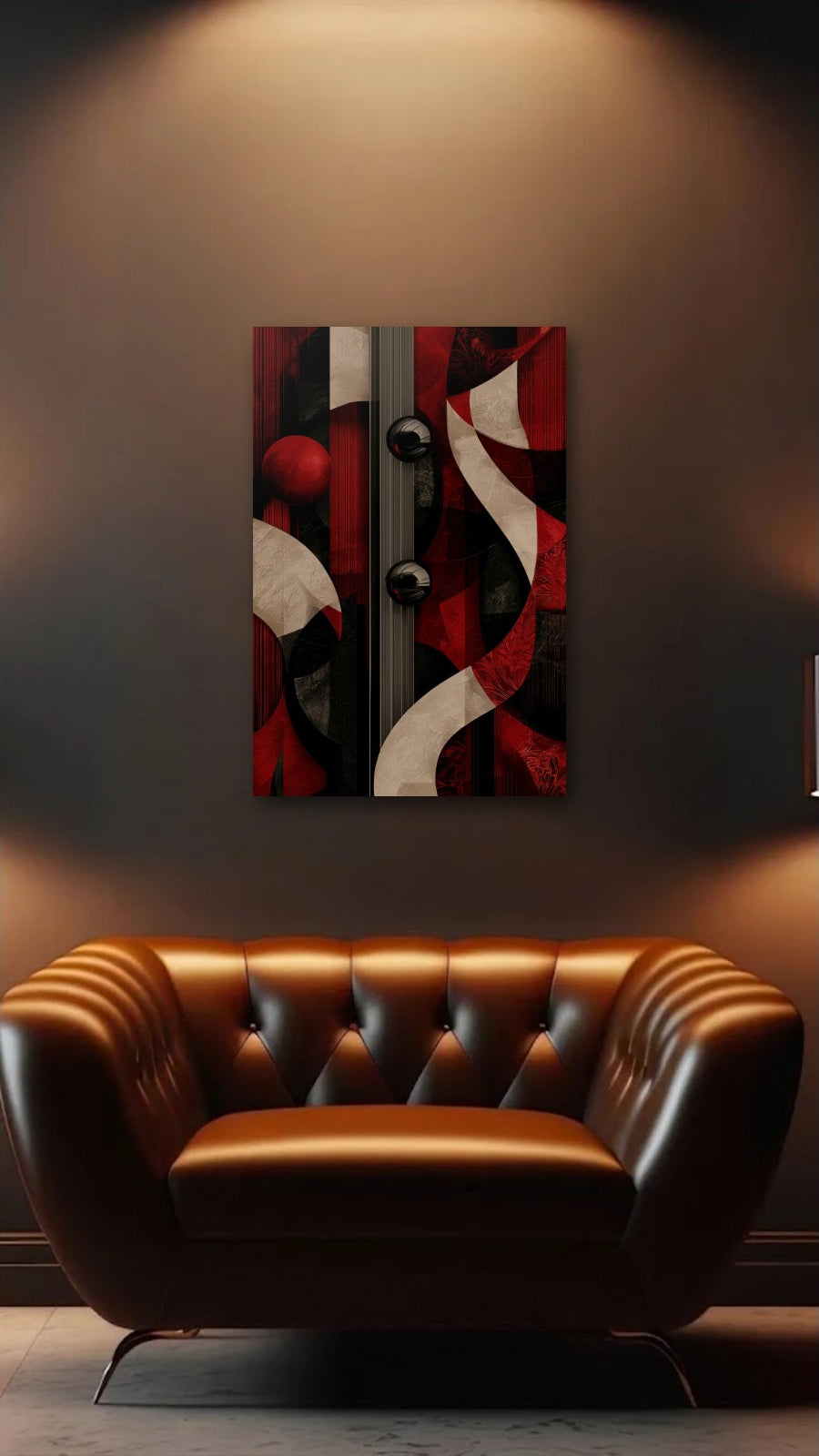 Geometric Abstraction Art acrylic wall art above a leather armchair