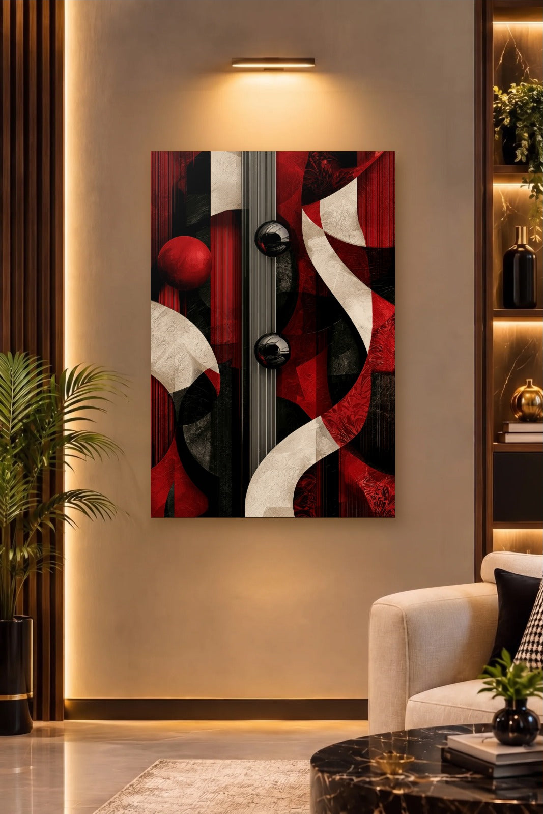 Geometric Abstraction Art acrylic wall art on a warm-lit luxury wall