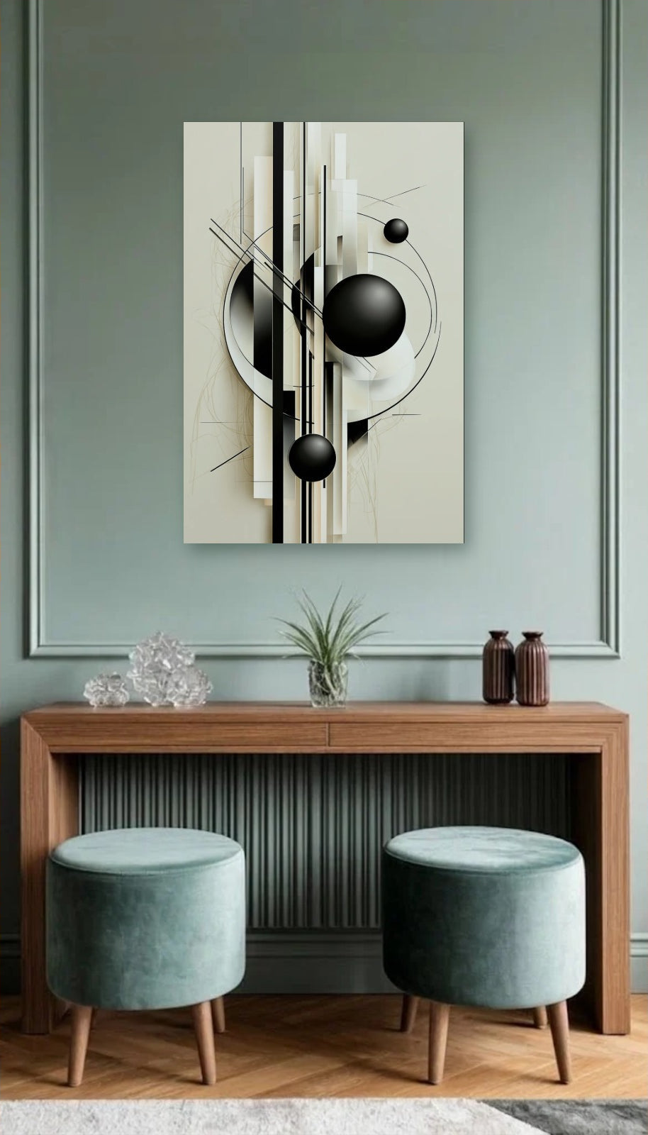 Geometric Abstraction Art acrylic wall art above a wooden console