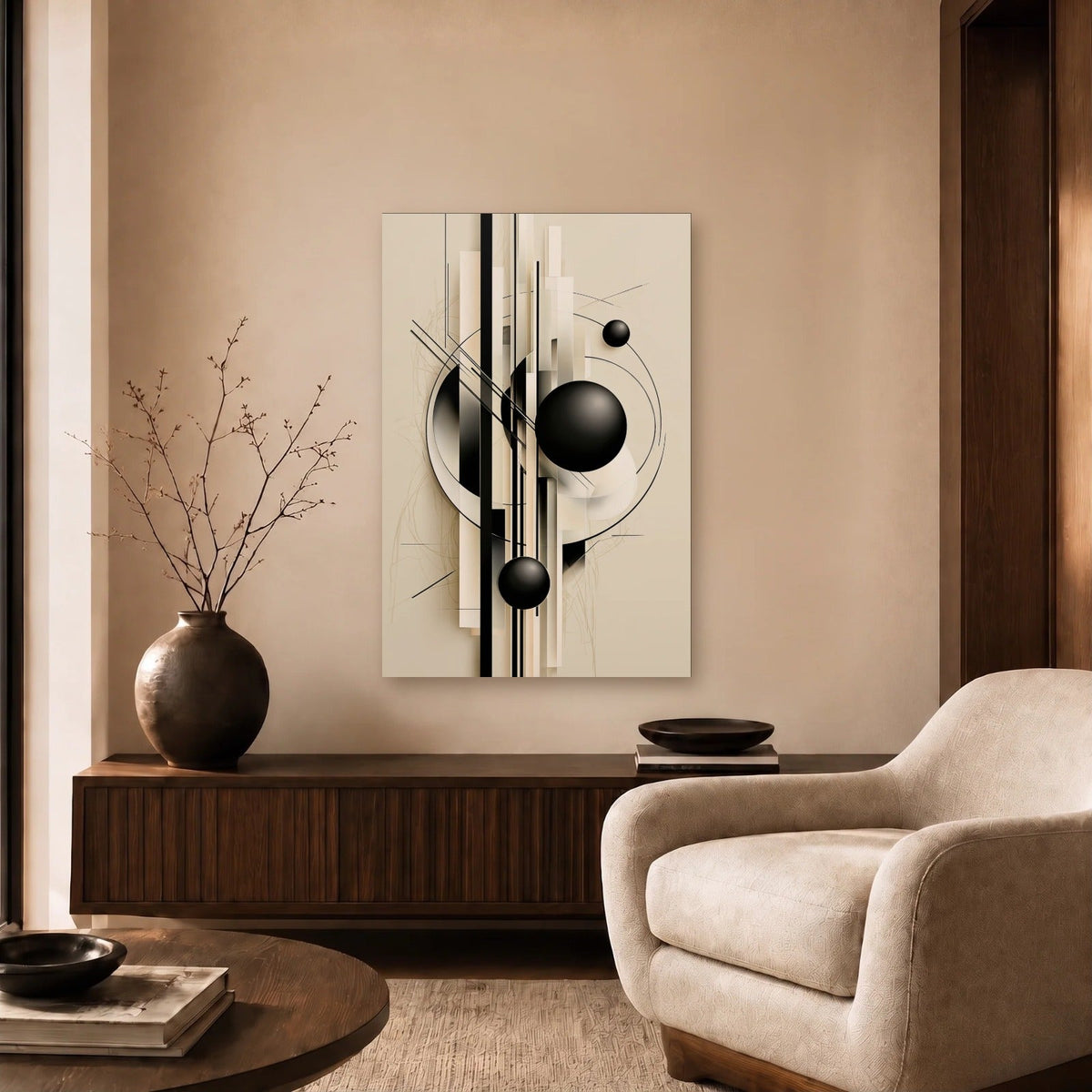 Geometric Abstraction Art acrylic wall art in a beige living room