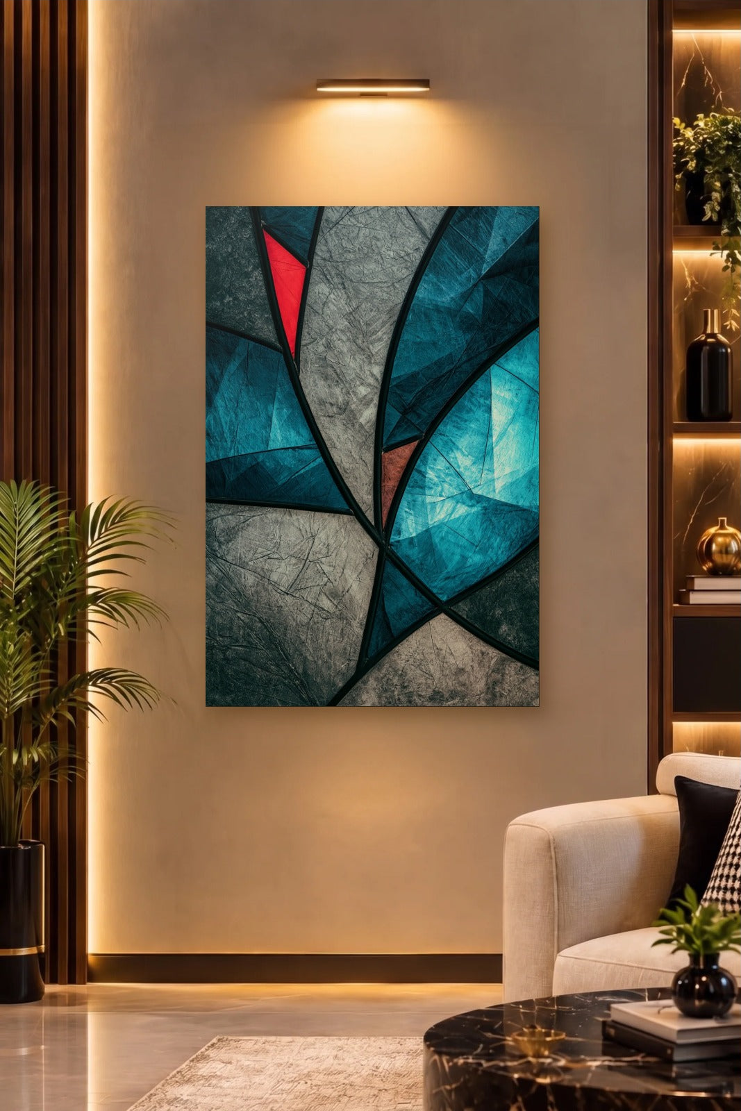 Geometric Abstraction Art acrylic wall art on a warm-lit luxury wall