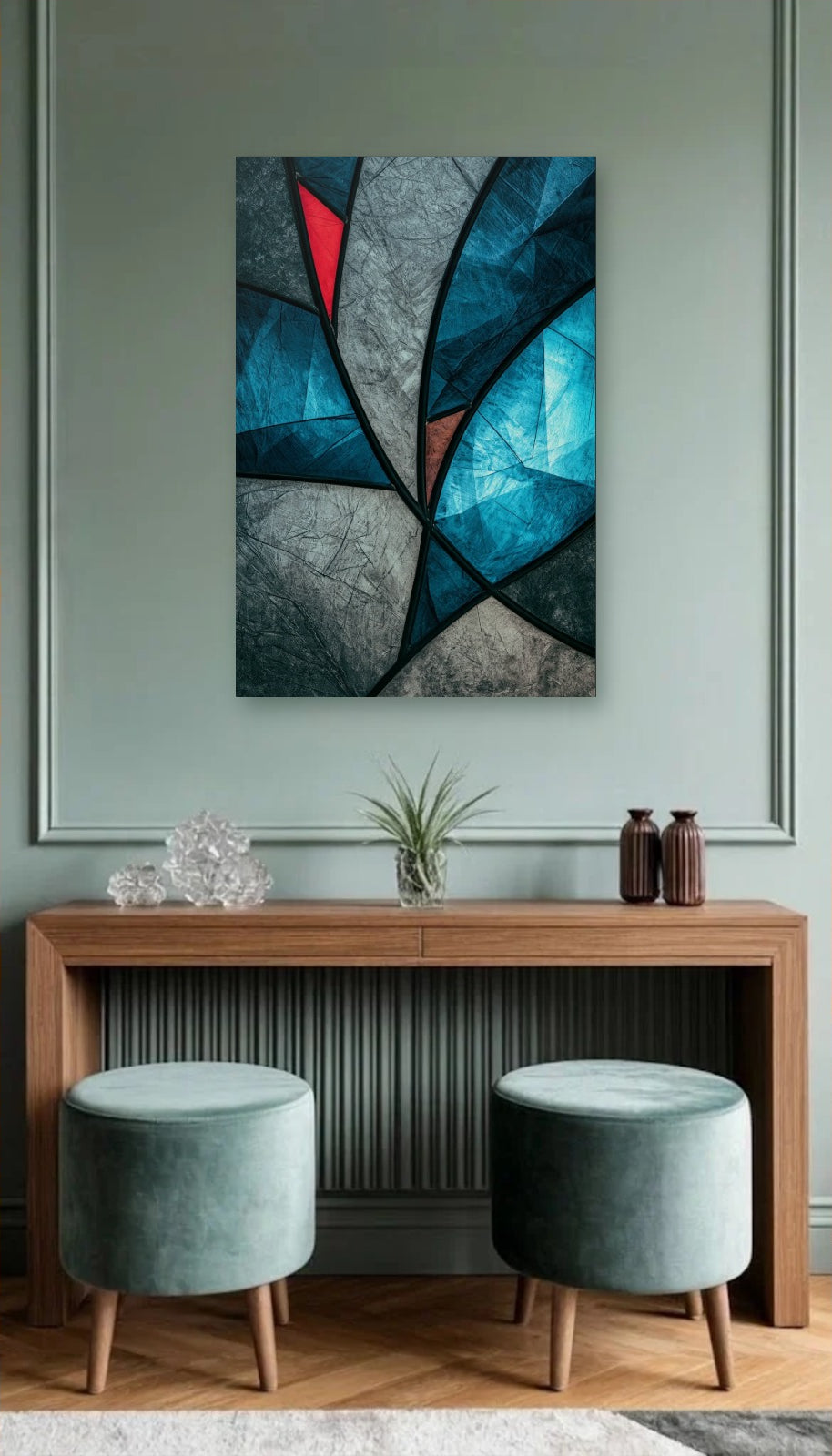 Geometric Abstraction Art acrylic wall art above a wooden console