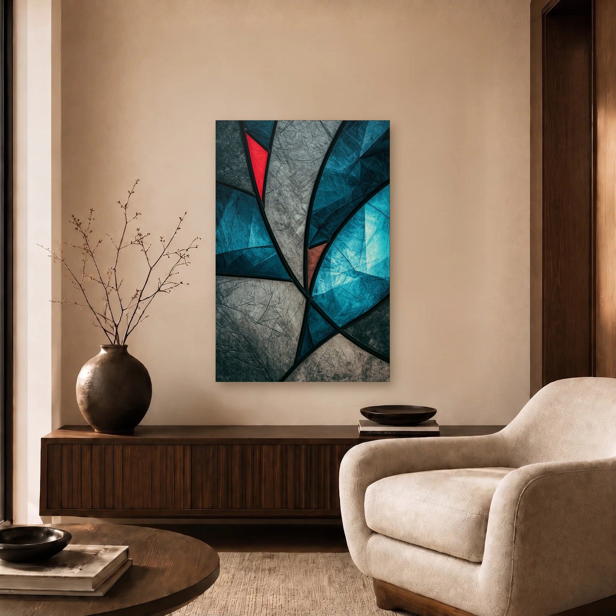 Geometric Abstraction Art acrylic wall art in a beige living room