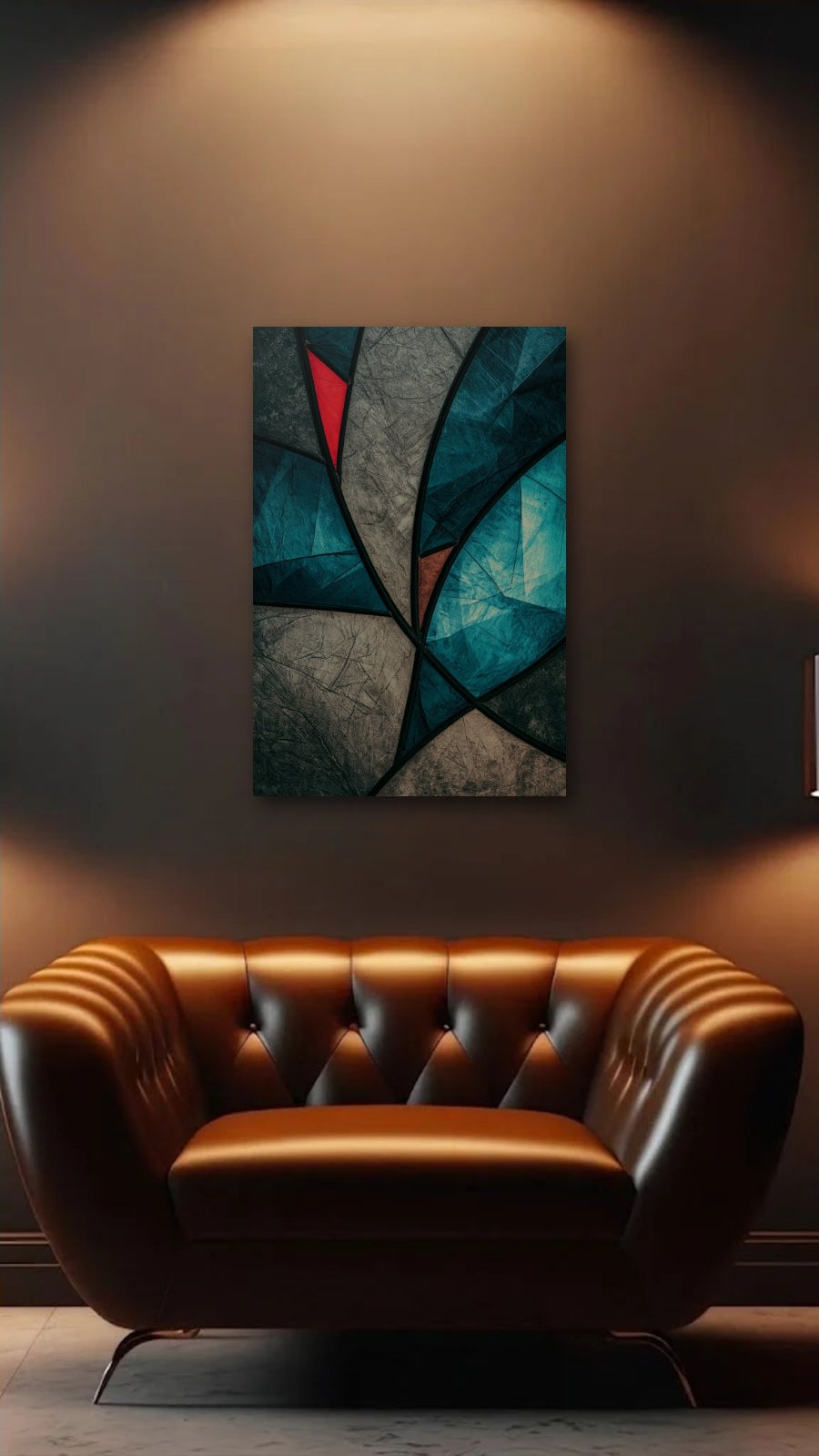 Geometric Abstraction Art acrylic wall art above a leather armchair