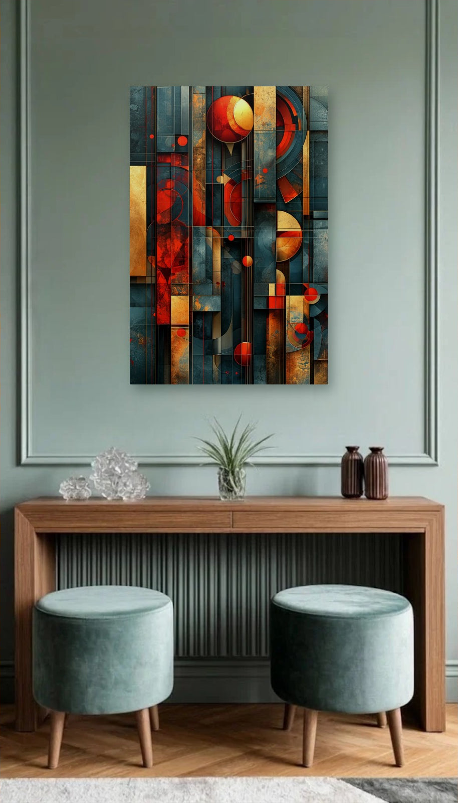 Geometric Abstraction Art acrylic wall art above a wooden console