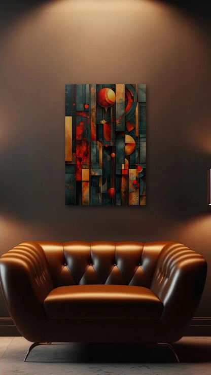 Geometric Abstraction Art acrylic wall art above a leather armchair