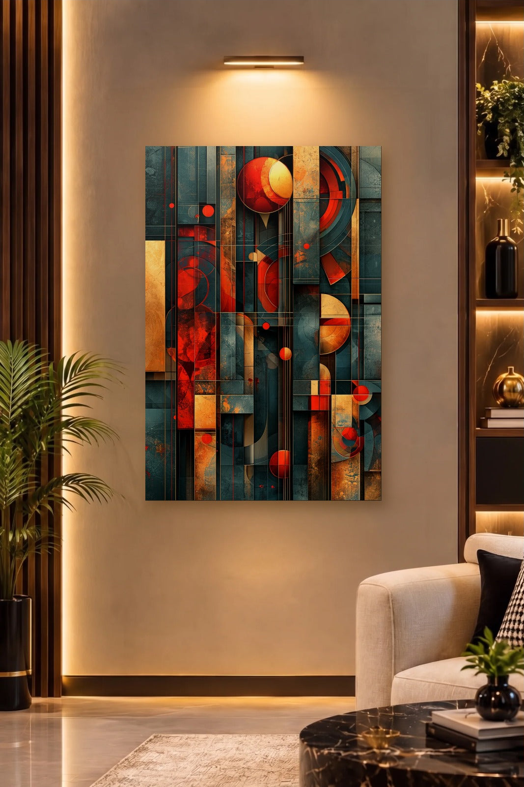 Geometric Abstraction Art acrylic wall art on a warm-lit luxury wall