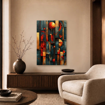 Geometric Abstraction Art acrylic wall art in a beige living room