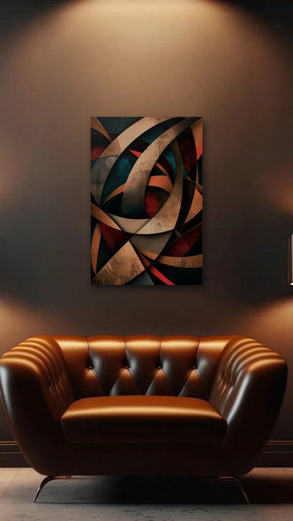 Geometric Abstraction Art acrylic wall art above a leather armchair