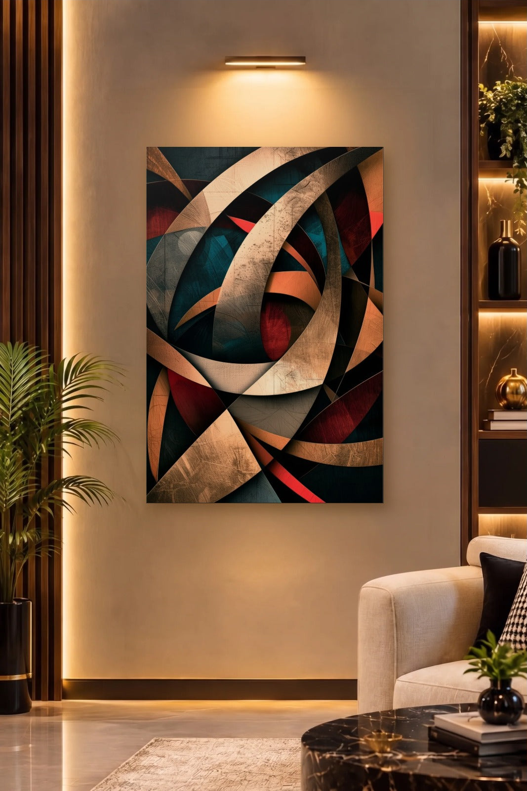 Geometric Abstraction Art acrylic wall art on a warm-lit luxury wall