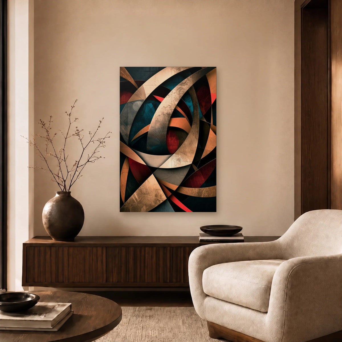 Geometric Abstraction Art acrylic wall art in a beige living room