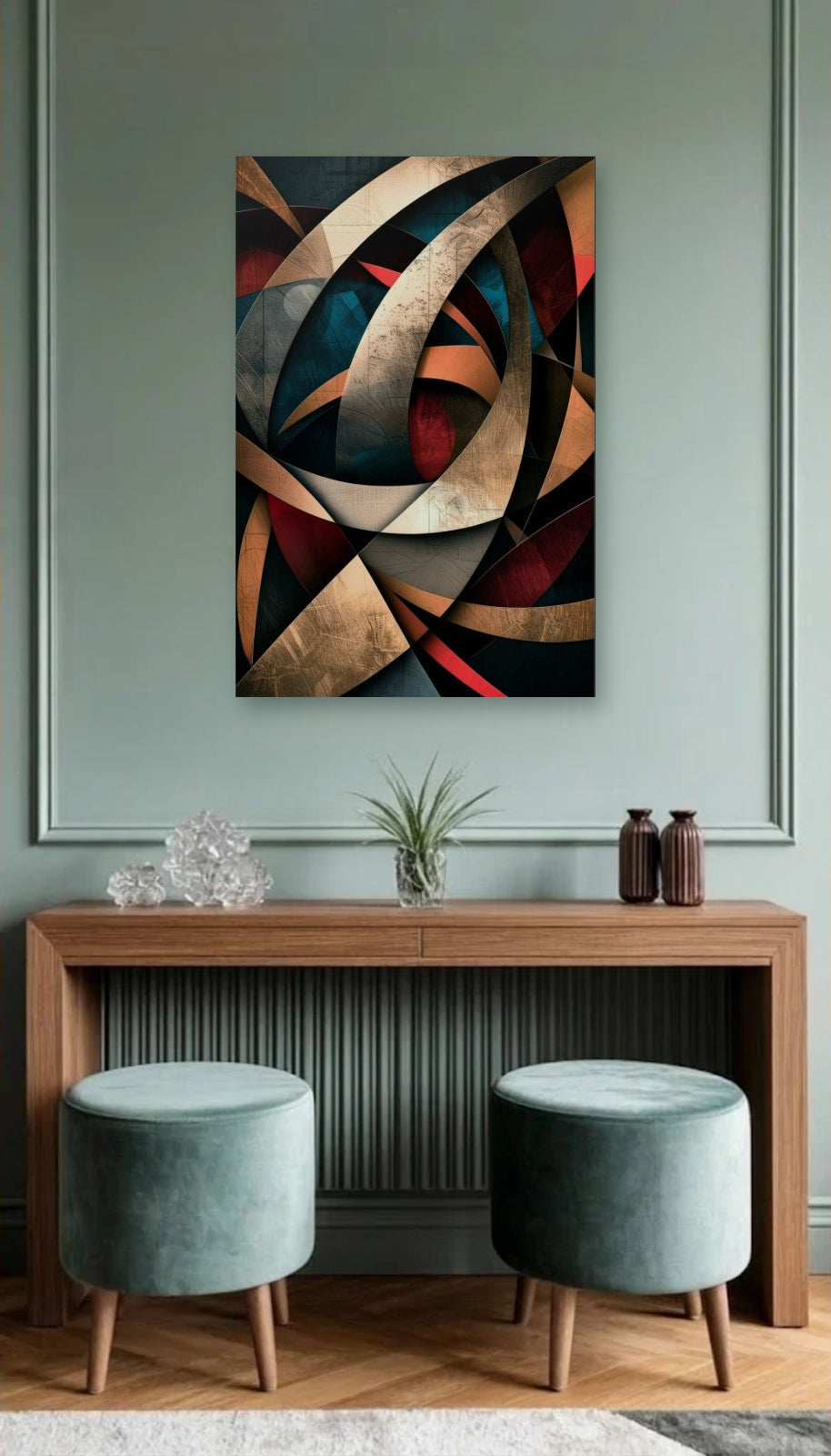 Geometric Abstraction Art acrylic wall art above a wooden console