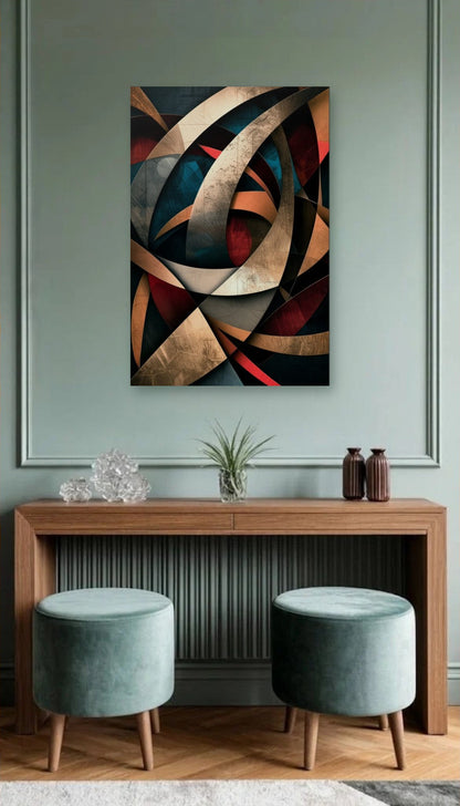 Geometric Abstraction Art acrylic wall art above a wooden console