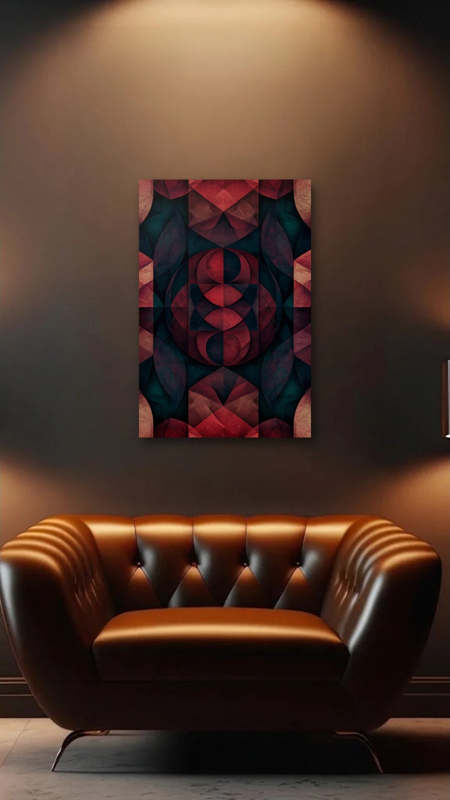 Geometric Abstraction Art acrylic wall art above a leather armchair