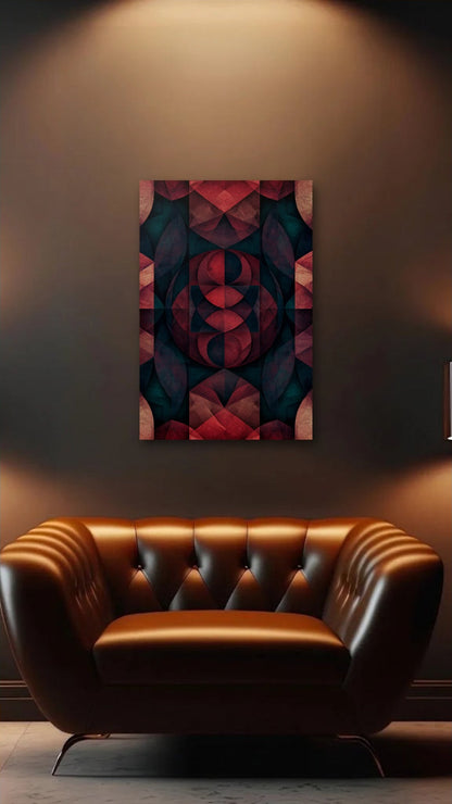 Geometric Abstraction Art acrylic wall art above a leather armchair