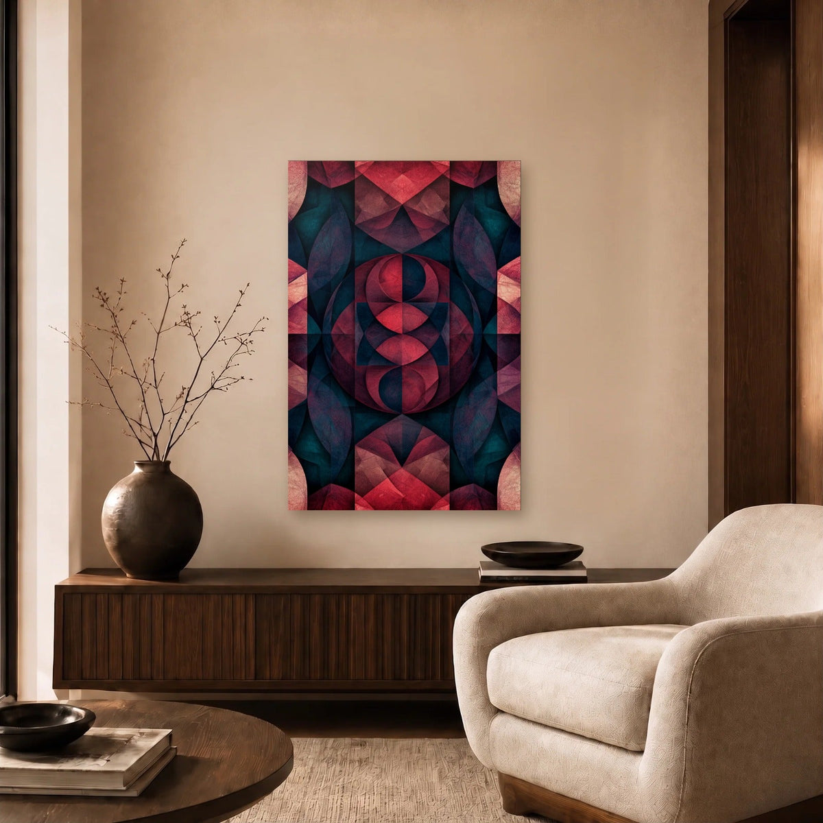 Geometric Abstraction Art acrylic wall art in a beige living room