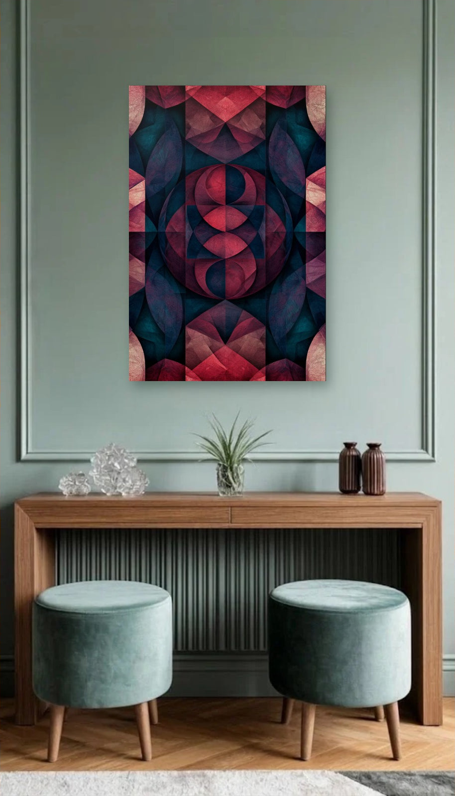 Geometric Abstraction Art acrylic wall art above a wooden console