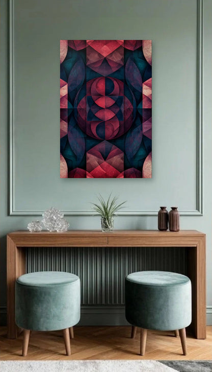 Geometric Abstraction Art acrylic wall art above a wooden console