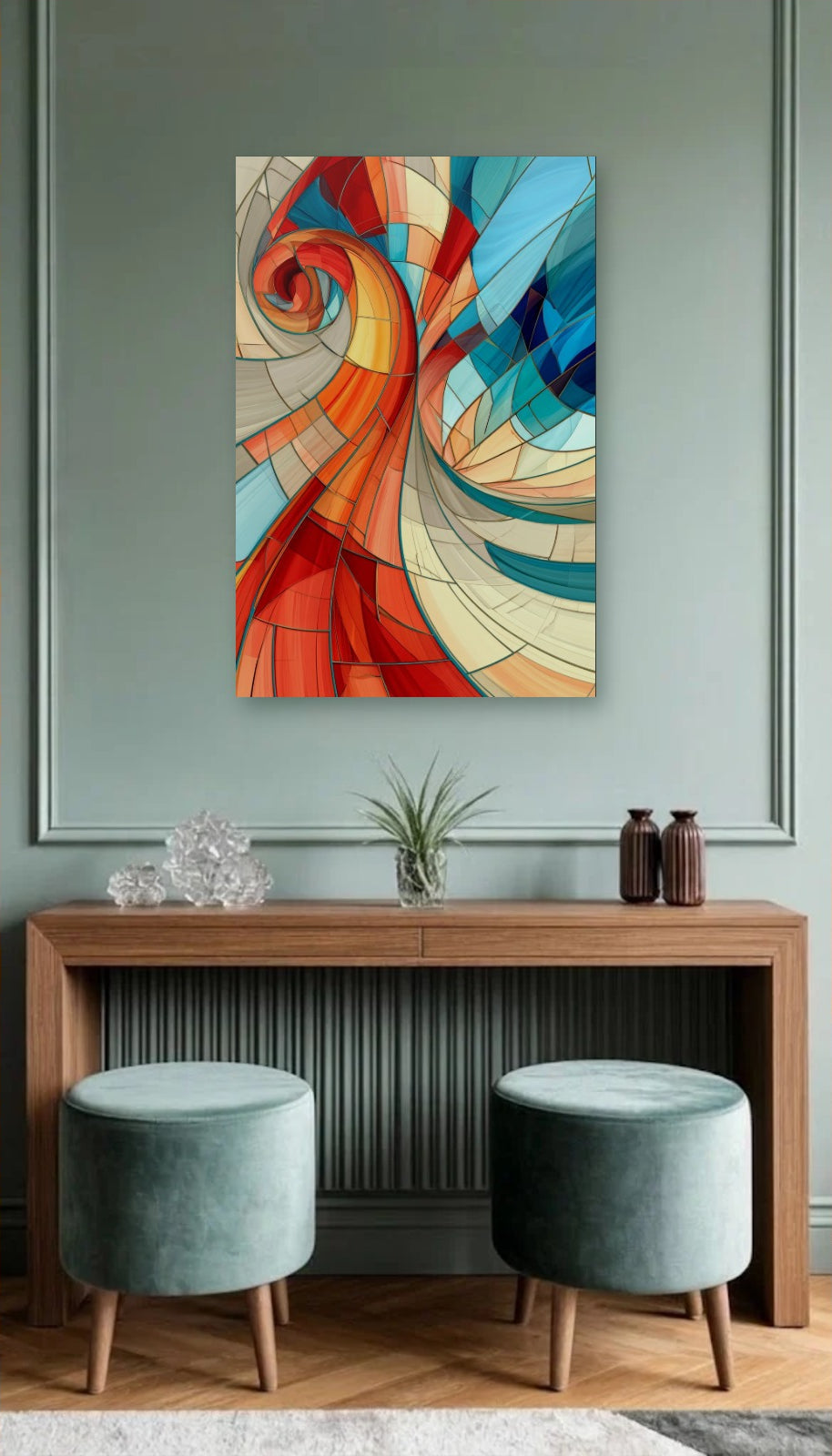 Geometric Abstraction Art acrylic wall art above a wooden console