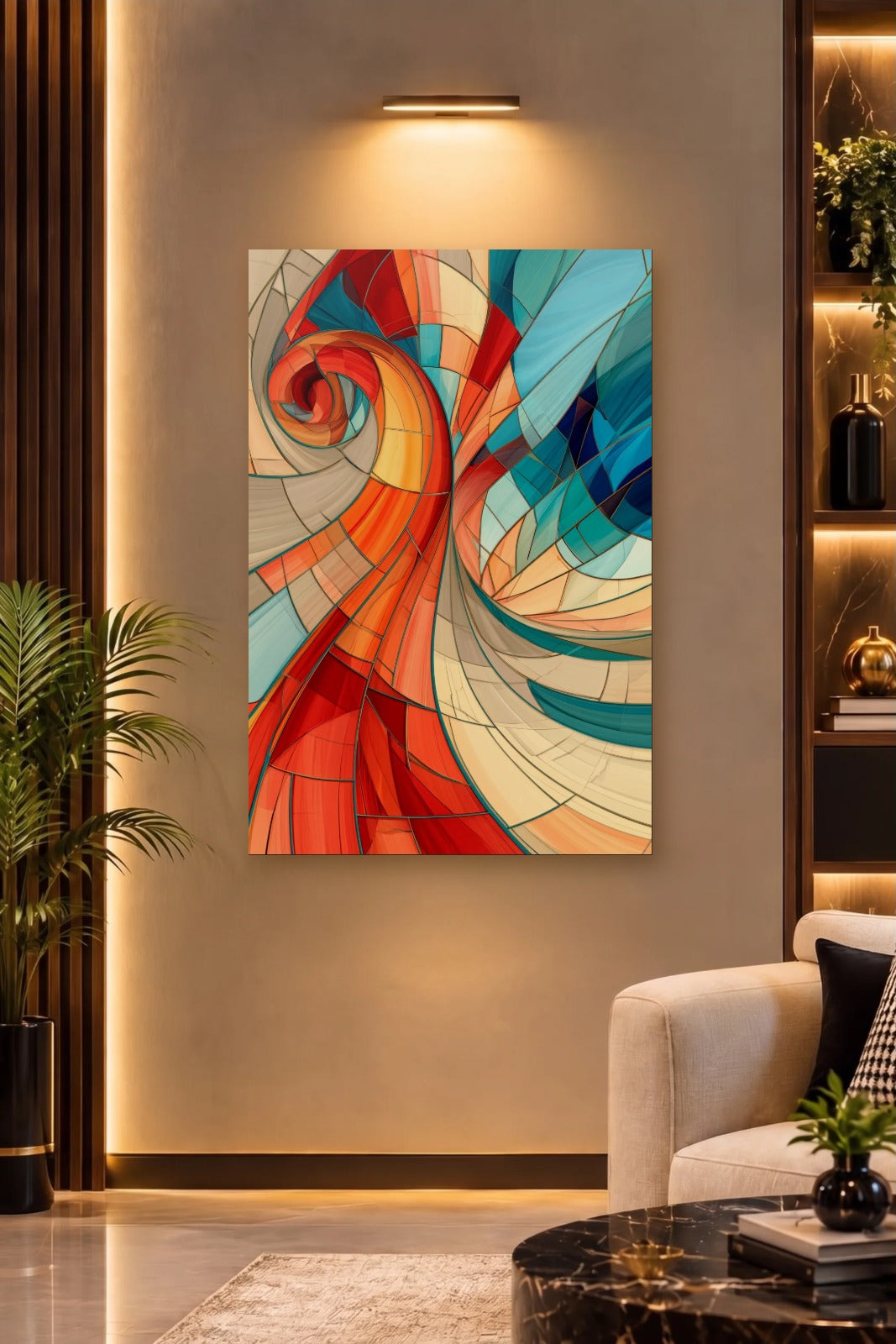Geometric Abstraction Art acrylic wall art on a warm-lit luxury wall