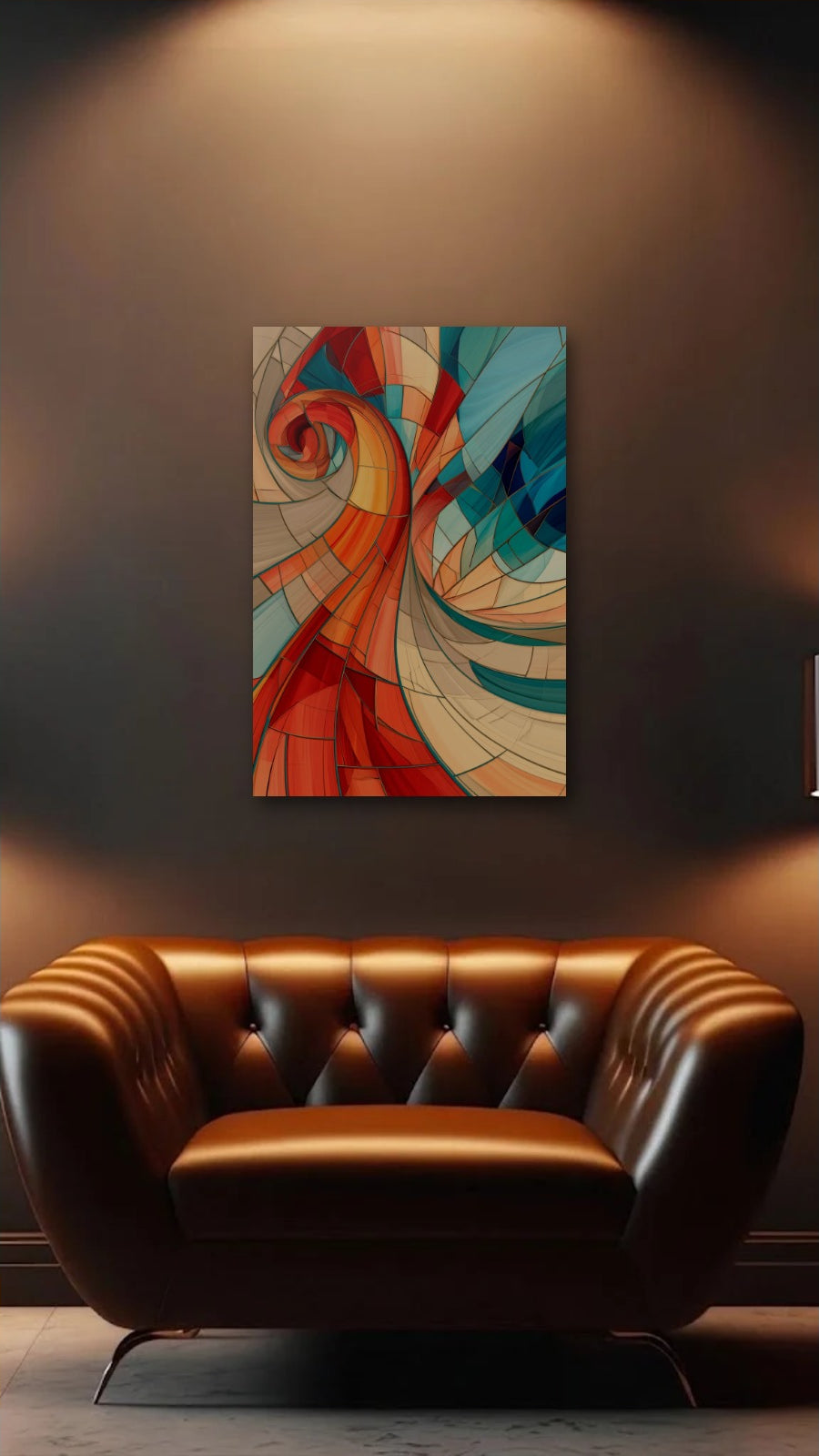 Geometric Abstraction Art acrylic wall art above a leather armchair