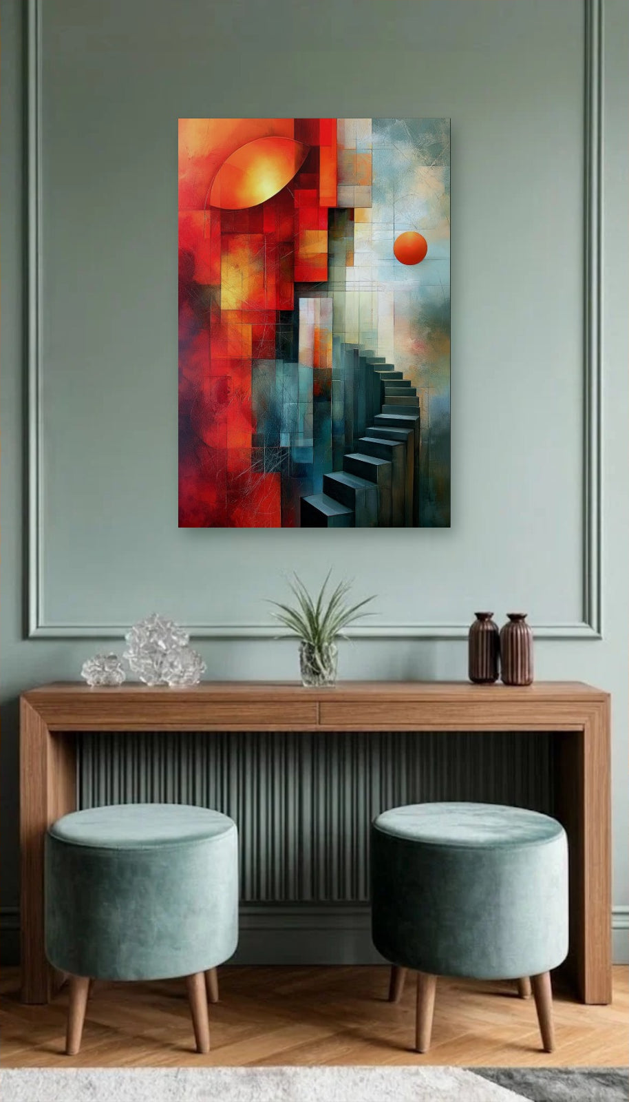 Geometric Abstraction Art acrylic wall art above a wooden console