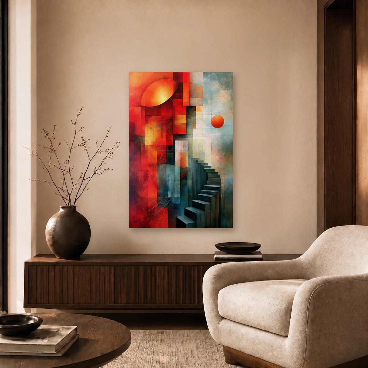 Geometric Abstraction Art acrylic wall art in a beige living room
