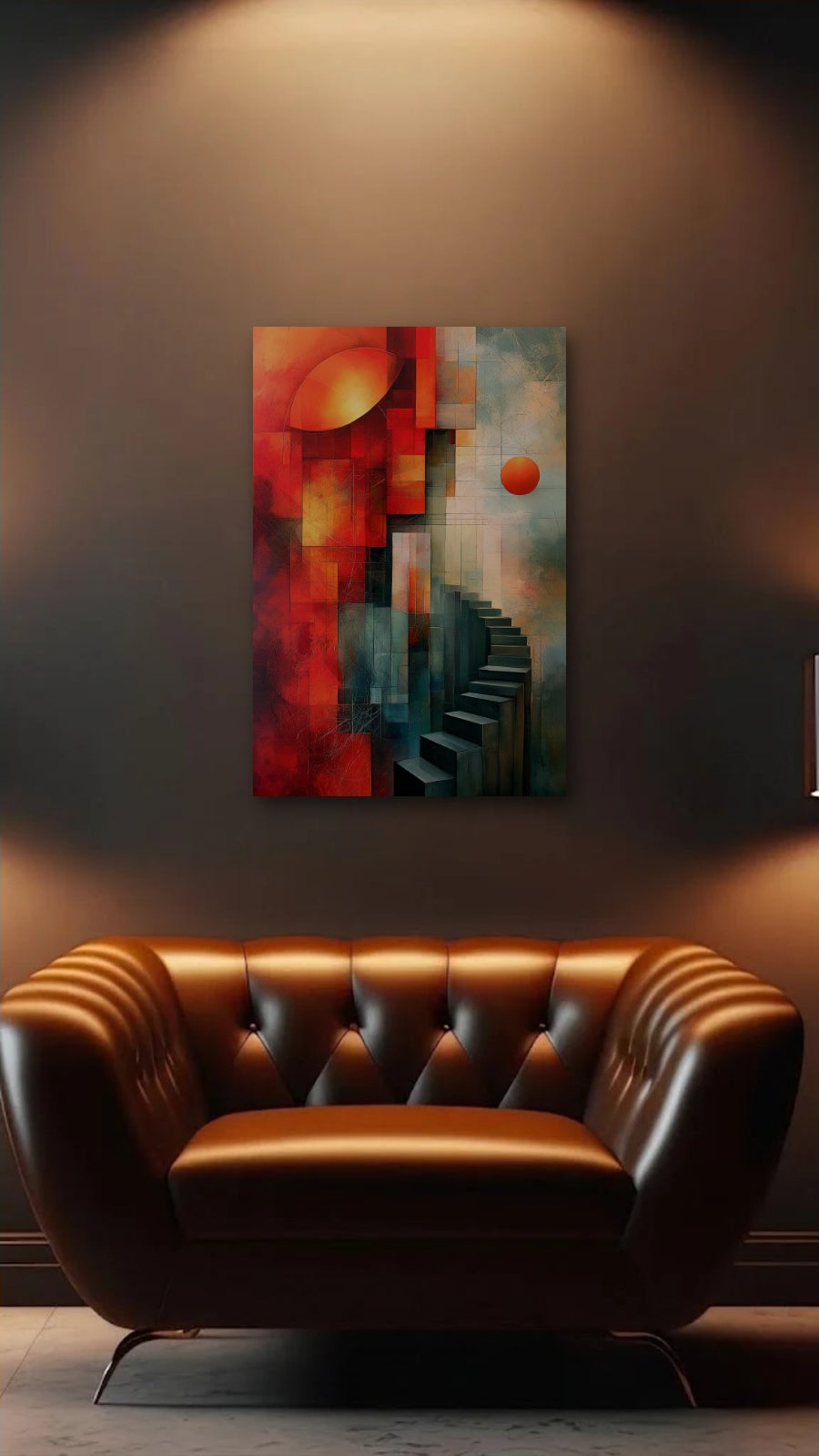 Geometric Abstraction Art acrylic wall art above a leather armchair