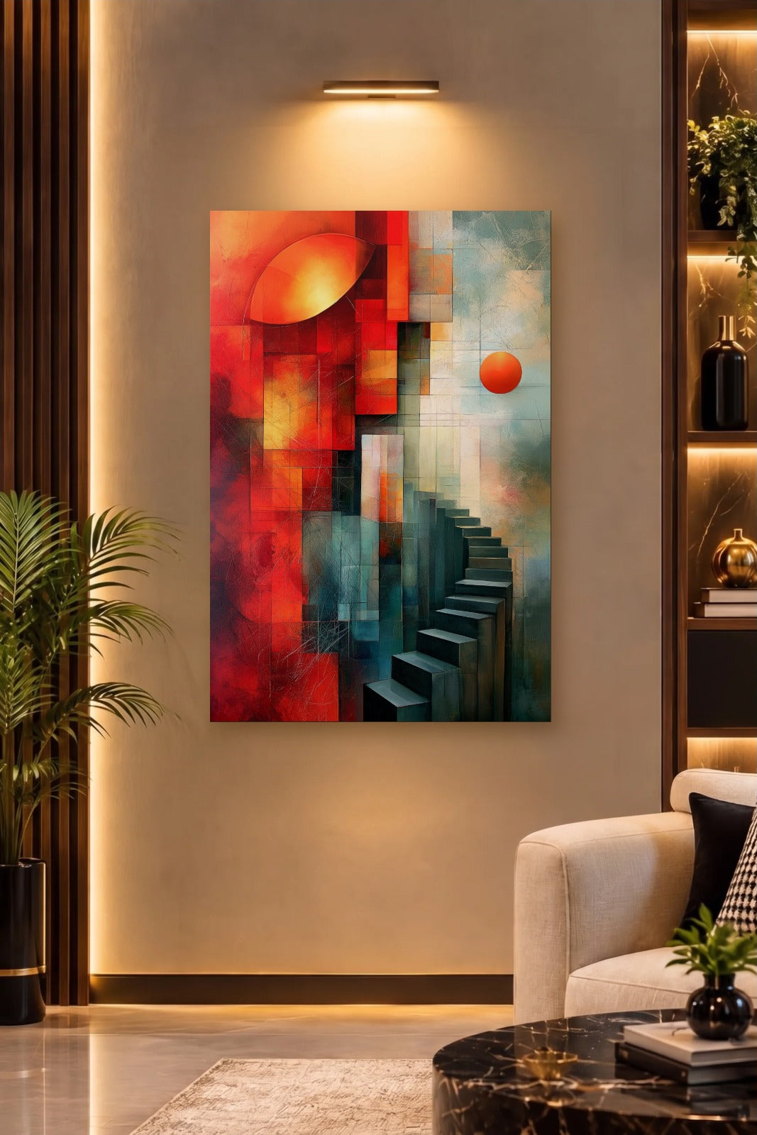 Geometric Abstraction Art acrylic wall art on a warm-lit luxury wall