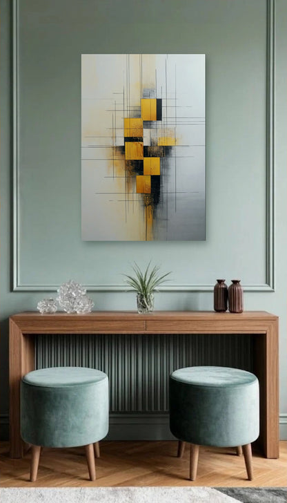 Geometric Abstraction Art acrylic wall art above a wooden console