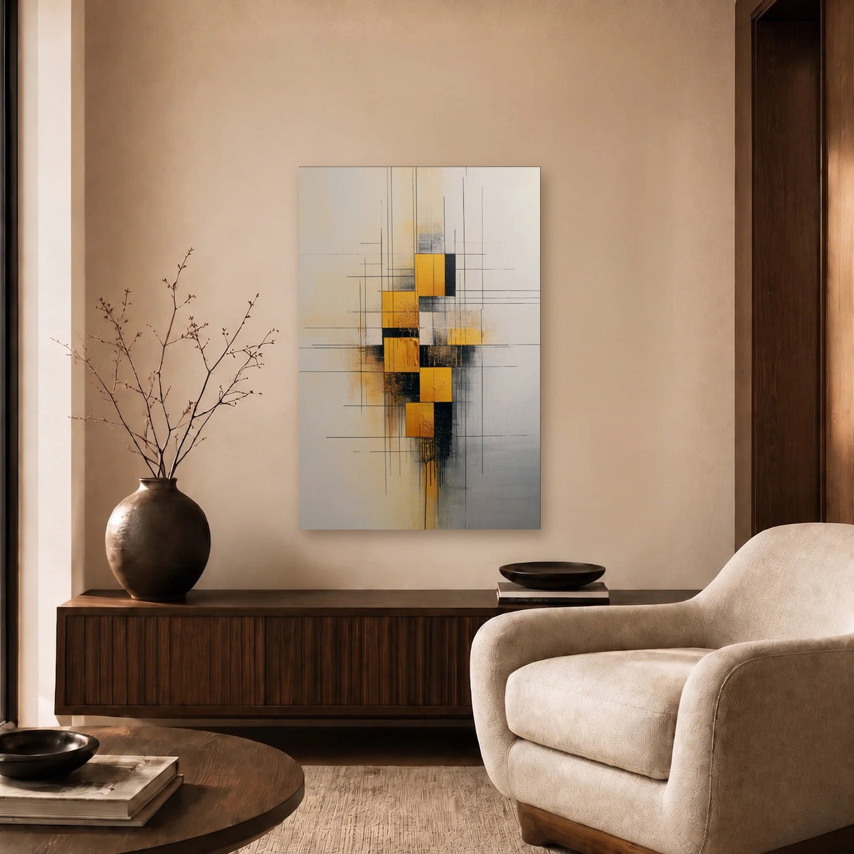Geometric Abstraction Art acrylic wall art in a beige living room