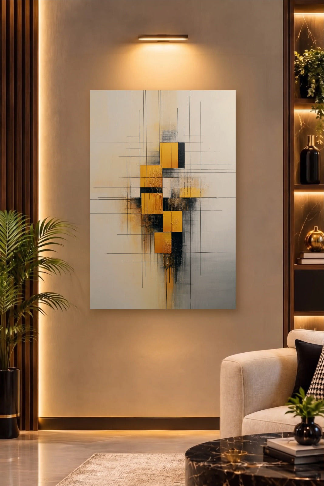 Geometric Abstraction Art acrylic wall art on a warm-lit luxury wall