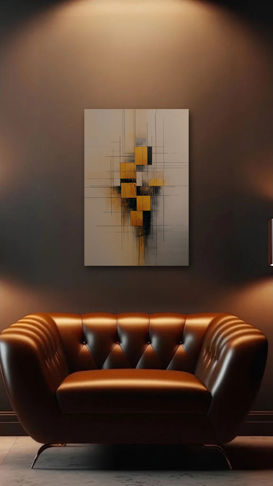 Geometric Abstraction Art acrylic wall art above a leather armchair