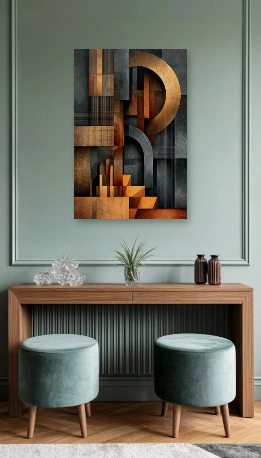 Geometric Abstraction Art acrylic wall art above a wooden console