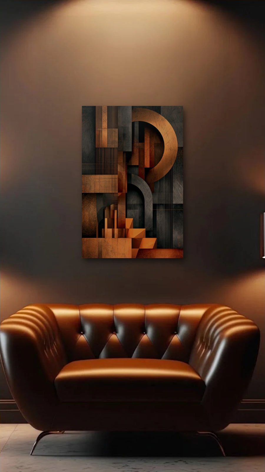 Geometric Abstraction Art acrylic wall art above a leather armchair