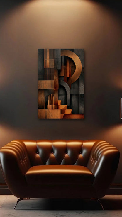 Geometric Abstraction Art acrylic wall art above a leather armchair