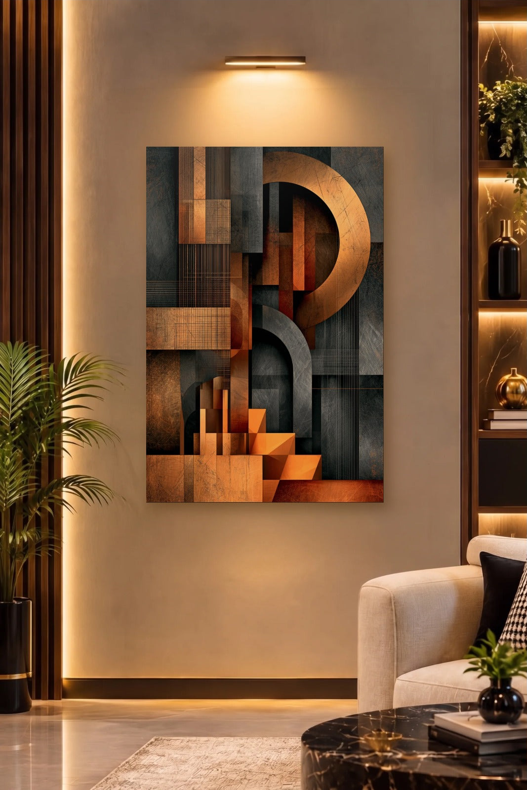 Geometric Abstraction Art acrylic wall art on a warm-lit luxury wall