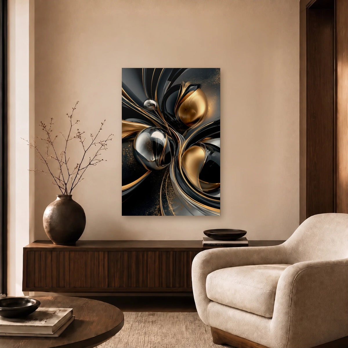 Geometric Abstraction Art acrylic wall art in a beige living room