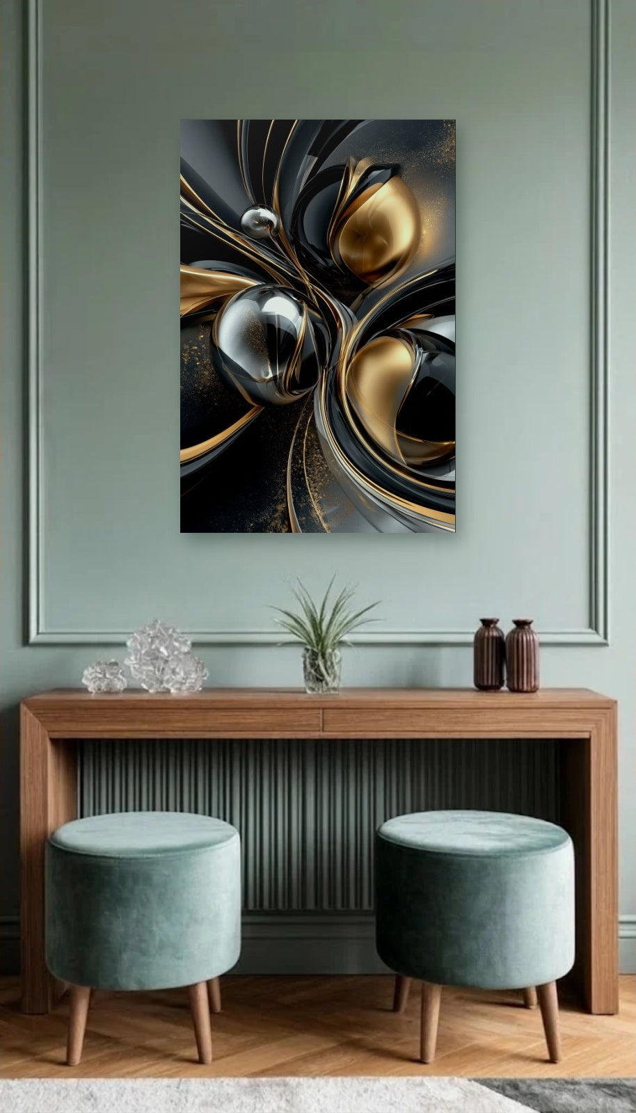Geometric Abstraction Art acrylic wall art above a wooden console