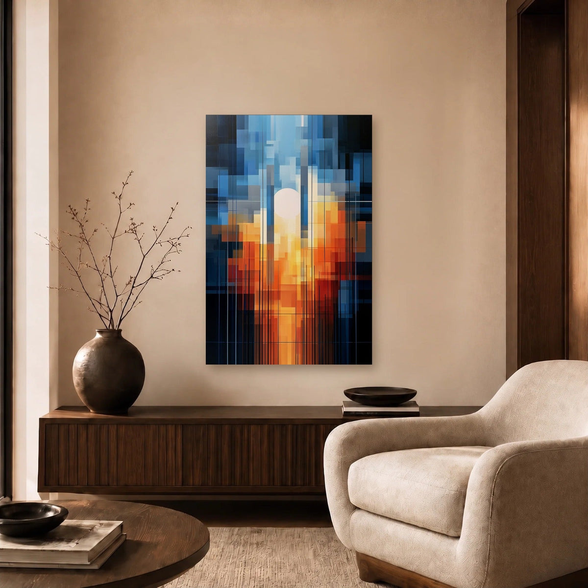 Geometric Abstraction Art acrylic wall art in a beige living room