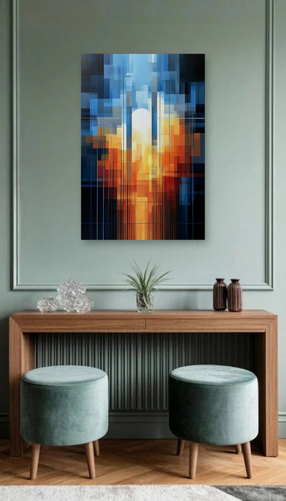 Geometric Abstraction Art acrylic wall art above a wooden console