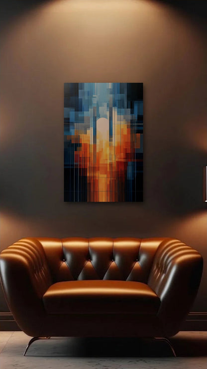 Geometric Abstraction Art acrylic wall art above a leather armchair