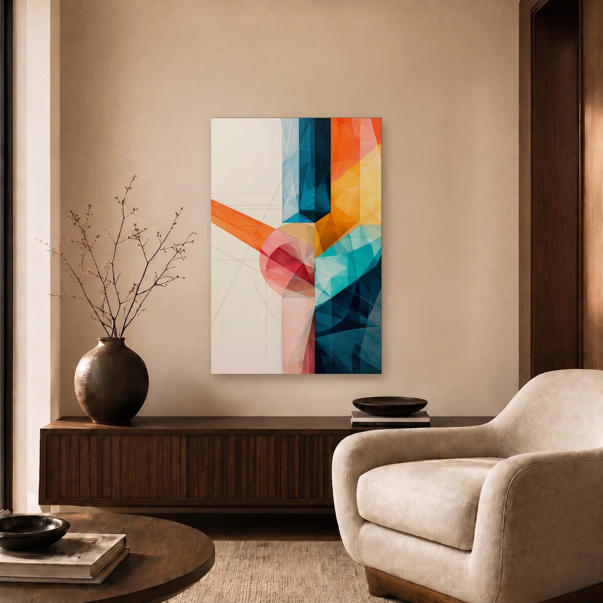 Geometric Abstraction Art acrylic wall art in a beige living room
