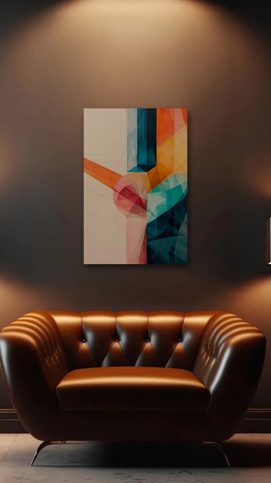 Geometric Abstraction Art acrylic wall art above a leather armchair