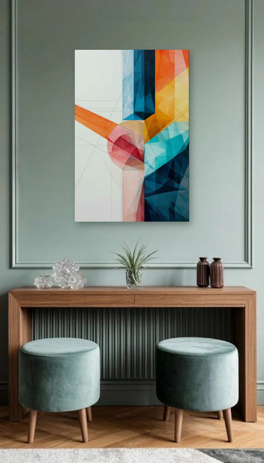 Geometric Abstraction Art acrylic wall art above a wooden console